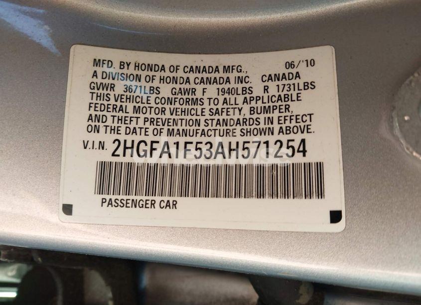 Photo 9 of 2010 Honda Civic LX (VIN 2HGFA1F53AH571254)