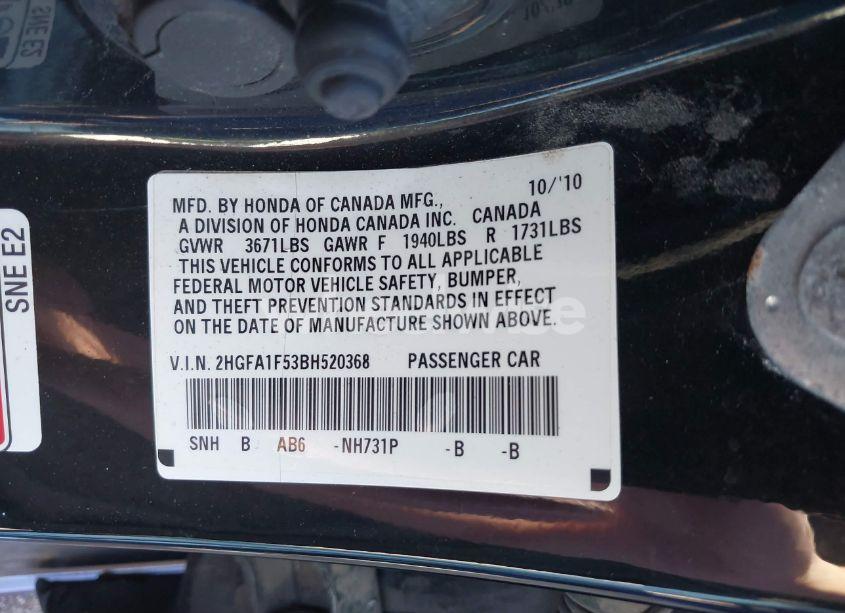 Photo 9 of 2011 Honda Civic LX (VIN 2HGFA1F53BH520368)