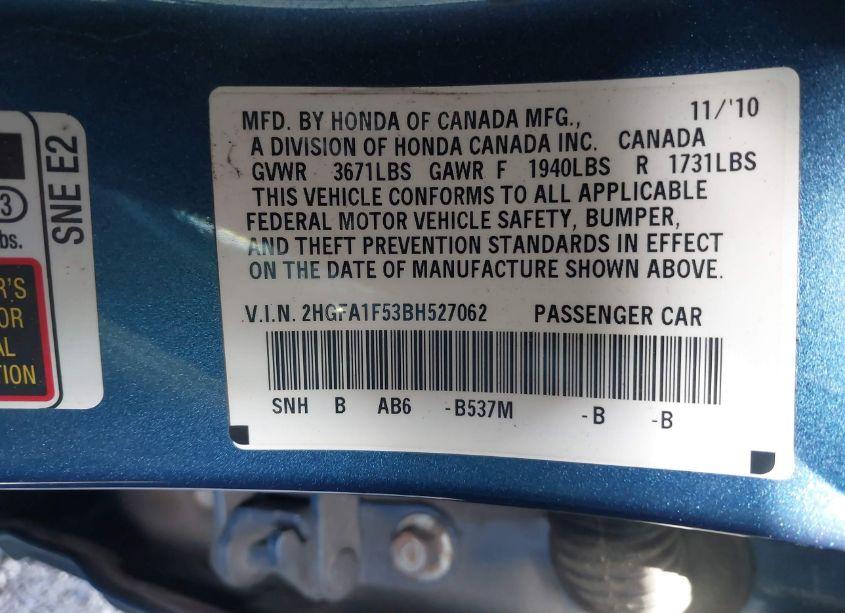 Photo 9 of 2011 Honda Civic LX (VIN 2HGFA1F53BH527062)