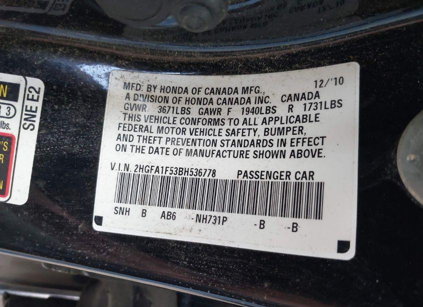 Photo 9 of 2011 Honda Civic LX (VIN 2HGFA1F53BH536778)