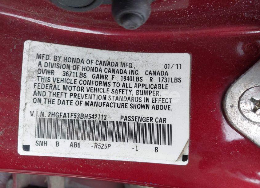 Photo 9 of 2011 Honda Civic LX (VIN 2HGFA1F53BH542113)