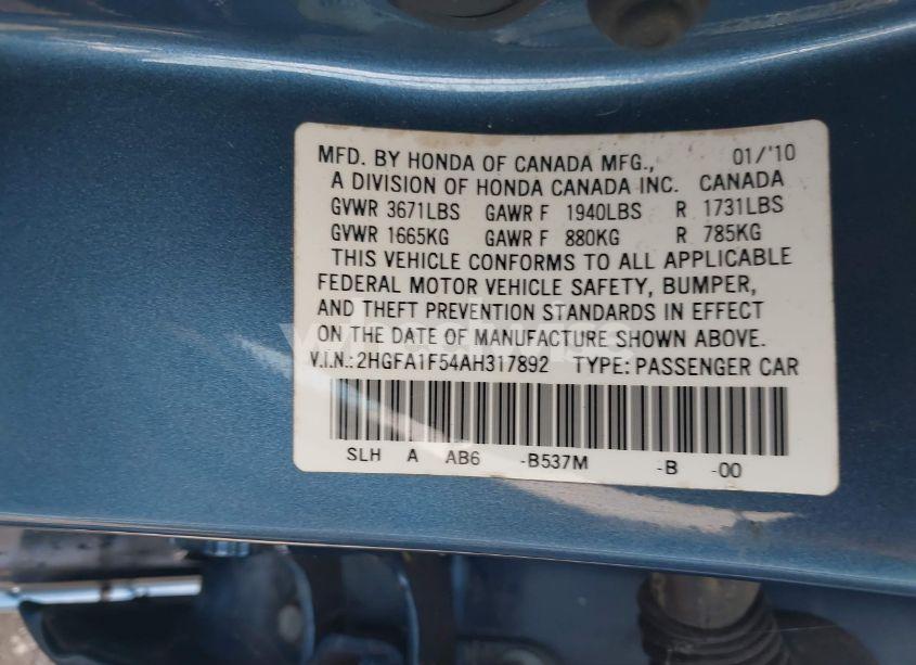 Photo 9 of 2010 Honda Civic LX (VIN 2HGFA1F54AH317892)