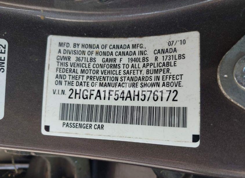 Photo 9 of 2010 Honda Civic LX (VIN 2HGFA1F54AH576172)