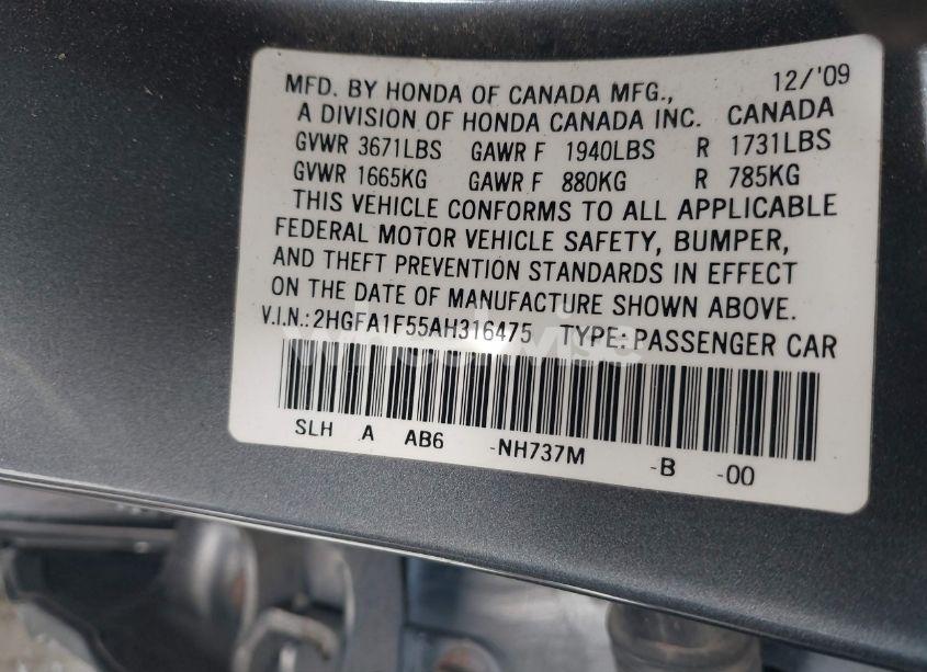 Photo 9 of 2010 Honda Civic LX (VIN 2HGFA1F55AH316475)