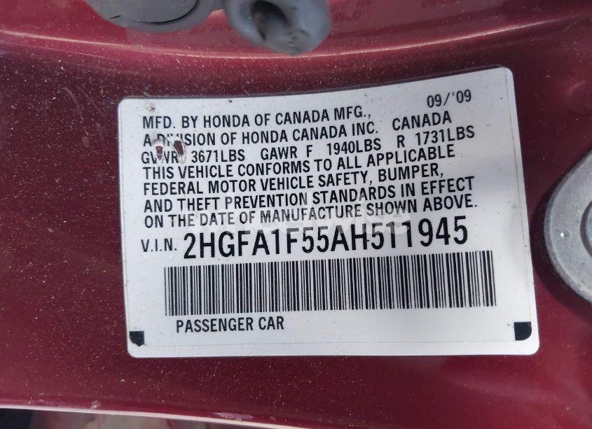 Photo 9 of 2010 Honda Civic LX (VIN 2HGFA1F55AH511945)