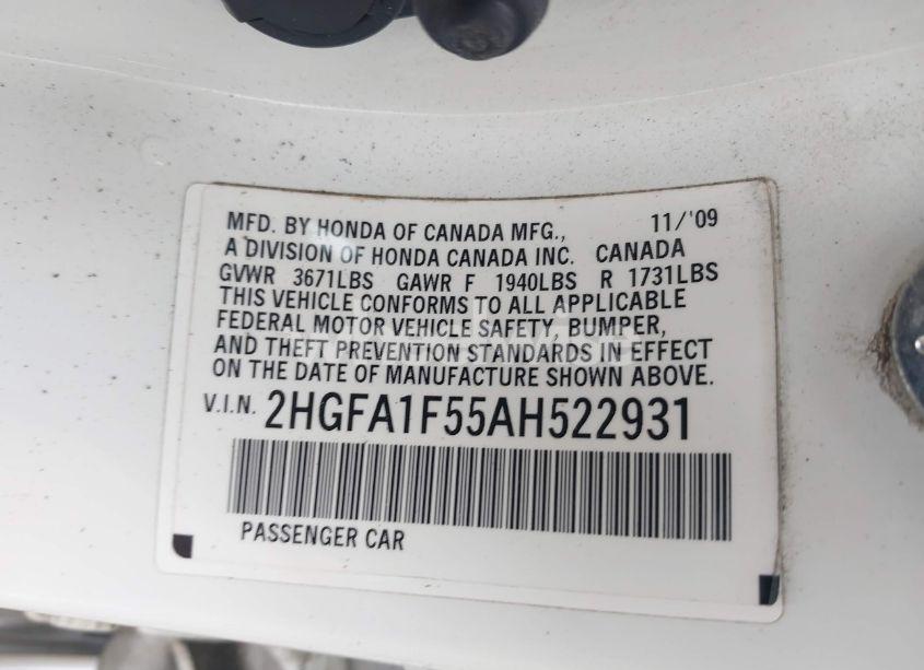 Photo 9 of 2010 Honda Civic LX (VIN 2HGFA1F55AH522931)