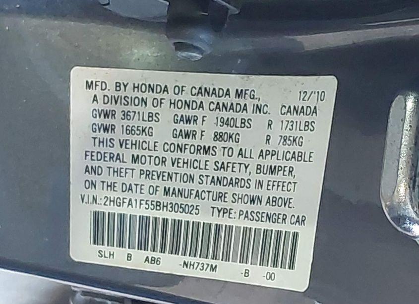 Photo 9 of 2011 Honda Civic LX (VIN 2HGFA1F55BH305025)