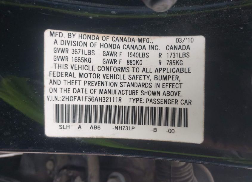 Photo 9 of 2010 Honda Civic LX (VIN 2HGFA1F56AH321118)