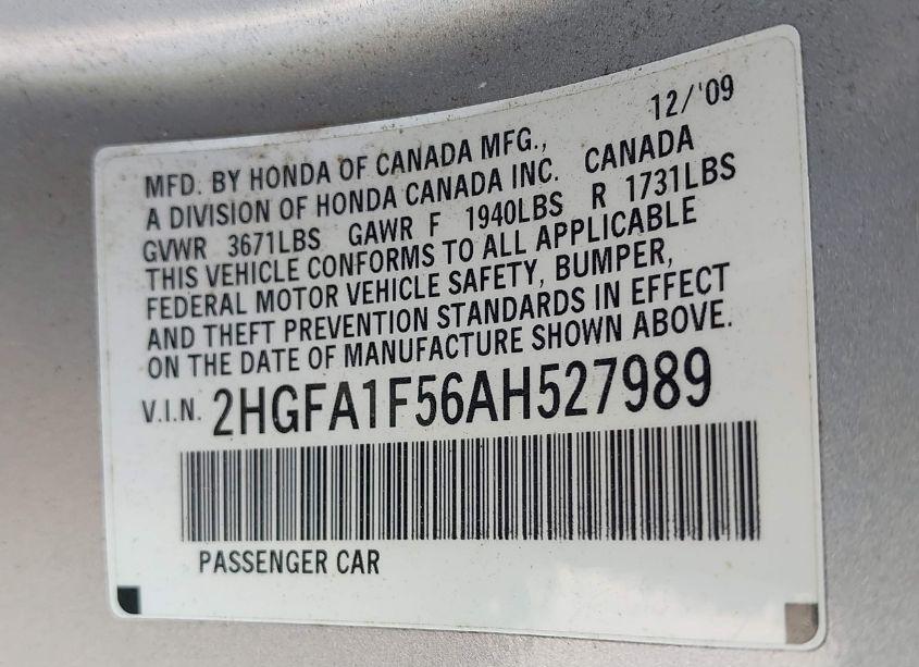 Photo 12 of 2010 Honda Civic LX (VIN 2HGFA1F56AH527989)