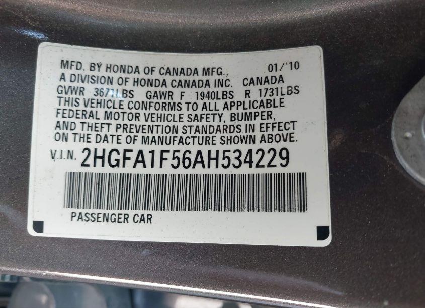 Photo 9 of 2010 Honda Civic LX (VIN 2HGFA1F56AH534229)