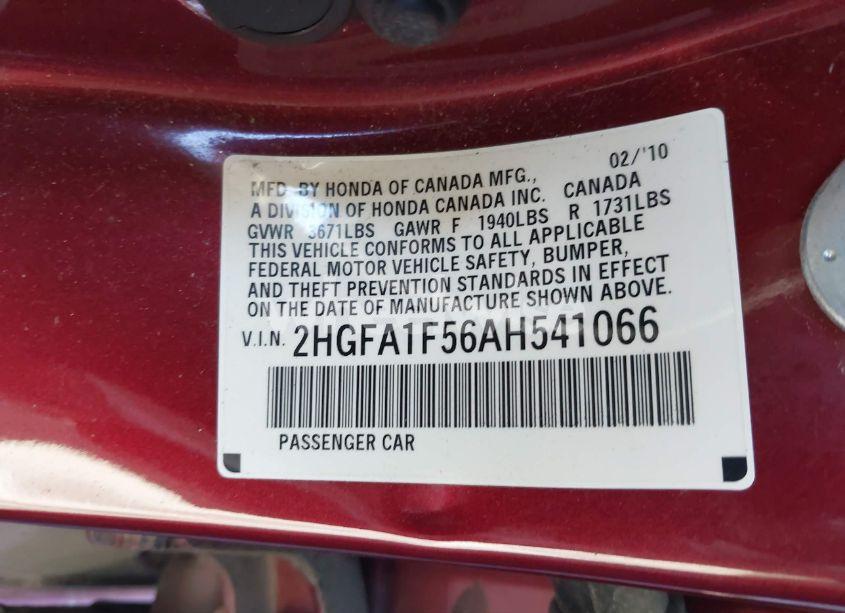 Photo 9 of 2010 Honda Civic LX (VIN 2HGFA1F56AH541066)