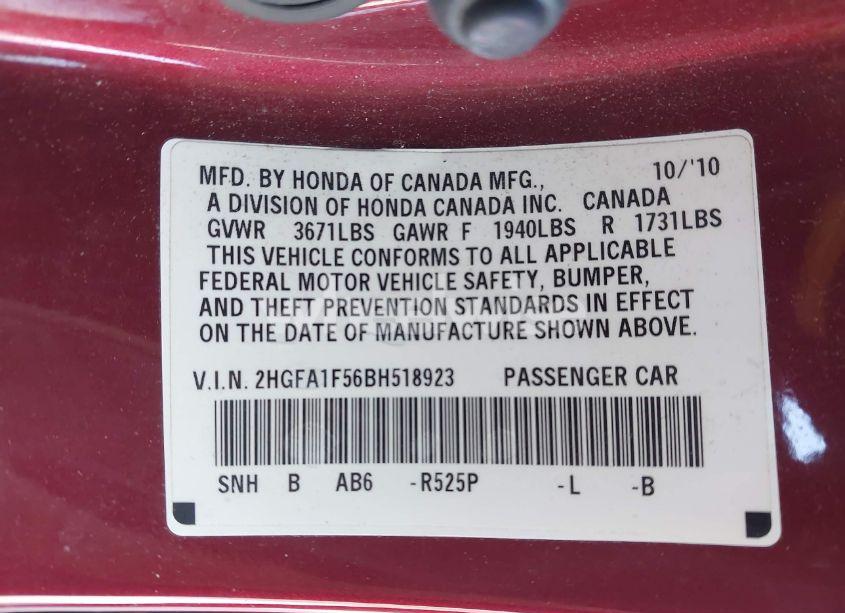 Photo 9 of 2011 Honda Civic LX (VIN 2HGFA1F56BH518923)