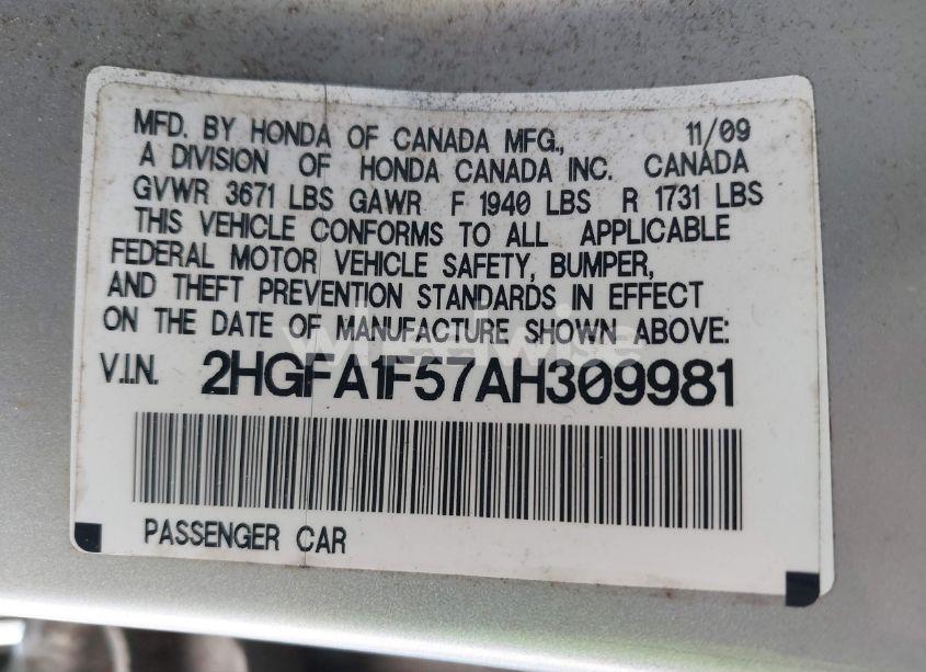 Photo 9 of 2010 Honda Civic LX (VIN 2HGFA1F57AH309981)