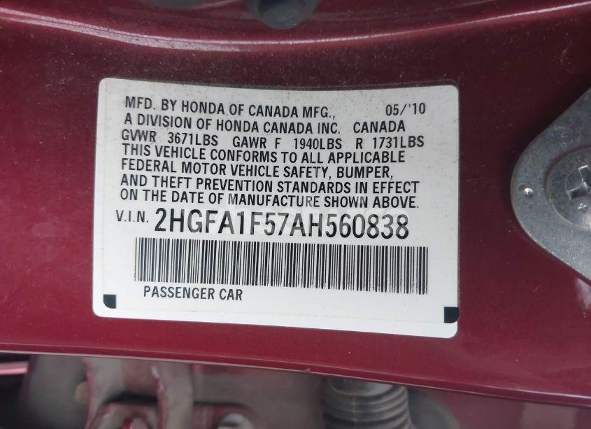 Photo 9 of 2010 Honda Civic LX (VIN 2HGFA1F57AH560838)