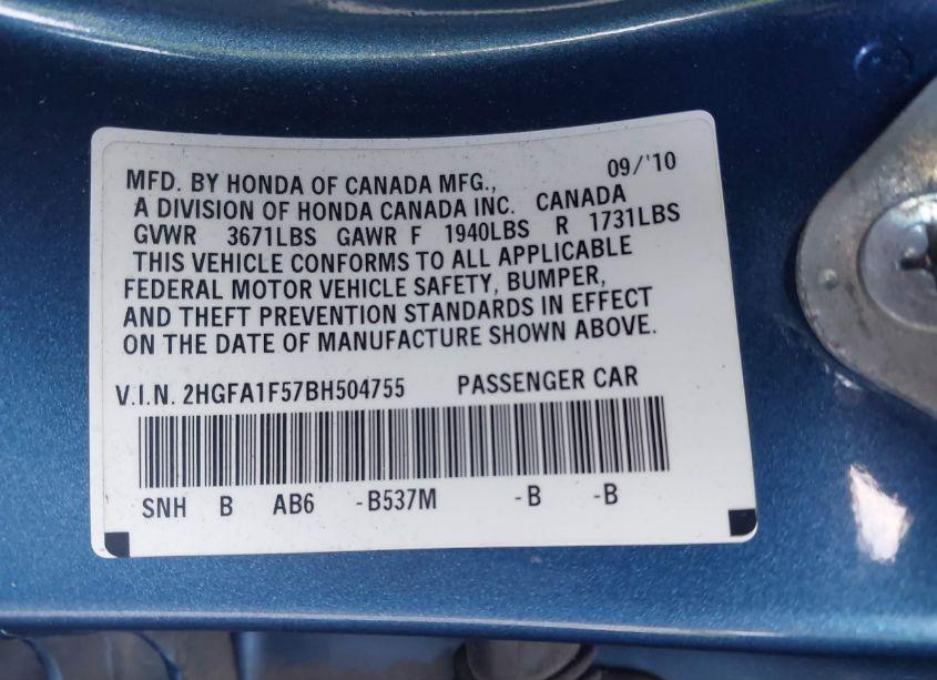 Photo 9 of 2011 Honda Civic LX (VIN 2HGFA1F57BH504755)