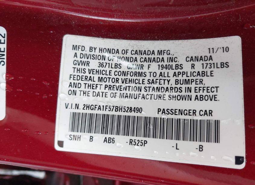 Photo 9 of 2011 Honda Civic LX (VIN 2HGFA1F57BH528490)