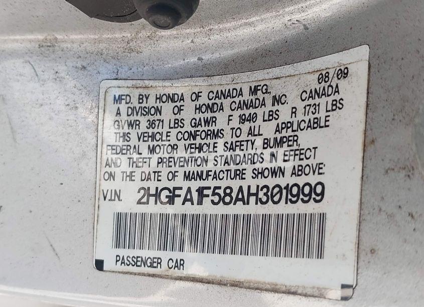 Photo 9 of 2010 Honda Civic LX (VIN 2HGFA1F58AH301999)