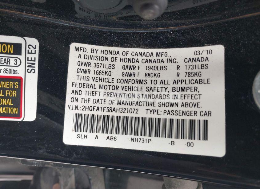 Photo 9 of 2010 Honda Civic LX (VIN 2HGFA1F58AH321072)