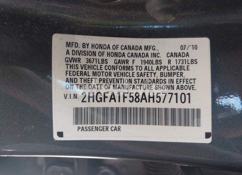Photo 9 of 2010 Honda Civic LX (VIN 2HGFA1F58AH577101)