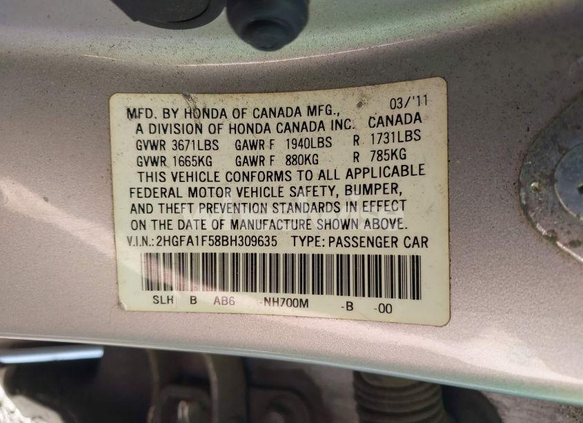 Photo 9 of 2011 Honda Civic LX (VIN 2HGFA1F58BH309635)