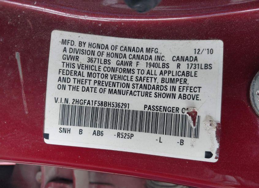 Photo 9 of 2011 Honda Civic LX (VIN 2HGFA1F58BH536291)