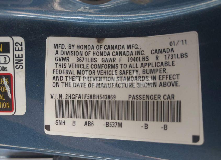 Photo 9 of 2011 Honda Civic LX (VIN 2HGFA1F58BH543869)