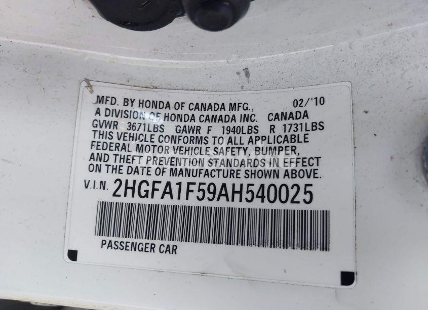 Photo 9 of 2010 Honda Civic LX (VIN 2HGFA1F59AH540025)