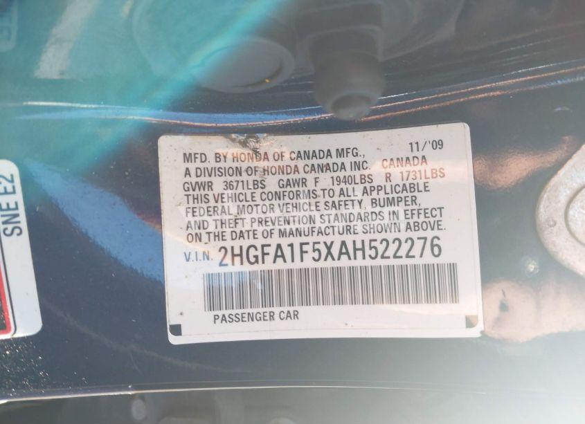 Photo 9 of 2010 Honda Civic LX (VIN 2HGFA1F5XAH522276)