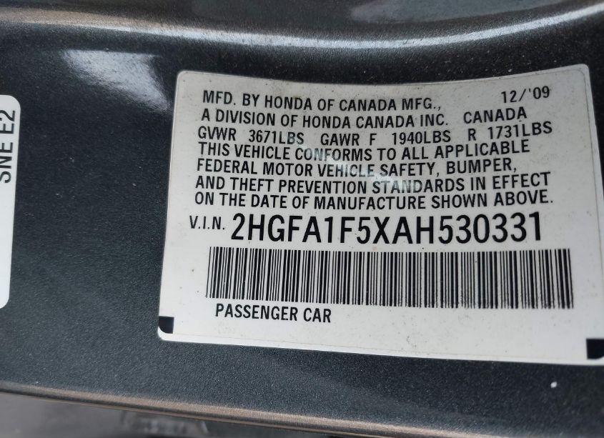 Photo 9 of 2010 Honda Civic LX (VIN 2HGFA1F5XAH530331)