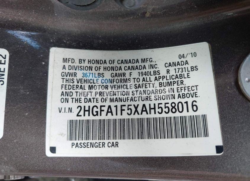 Photo 9 of 2010 Honda Civic LX (VIN 2HGFA1F5XAH558016)