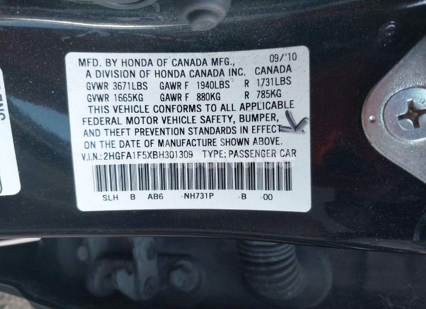 Photo 9 of 2011 Honda Civic LX (VIN 2HGFA1F5XBH301309)