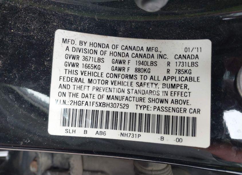 Photo 9 of 2011 Honda Civic LX (VIN 2HGFA1F5XBH307529)