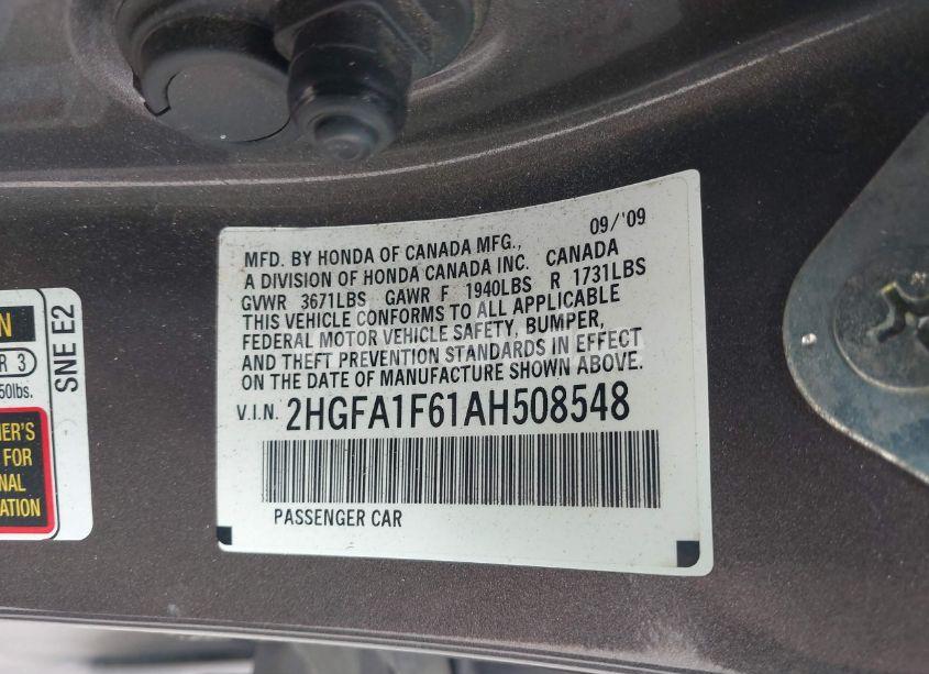 Photo 9 of 2010 Honda Civic LX-S (VIN 2HGFA1F61AH508548)