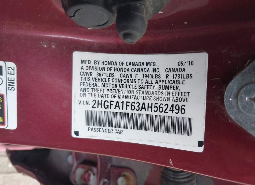 Photo 9 of 2010 Honda Civic LX-S (VIN 2HGFA1F63AH562496)