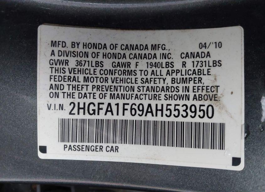 Photo 9 of 2010 Honda Civic LX-S (VIN 2HGFA1F69AH553950)