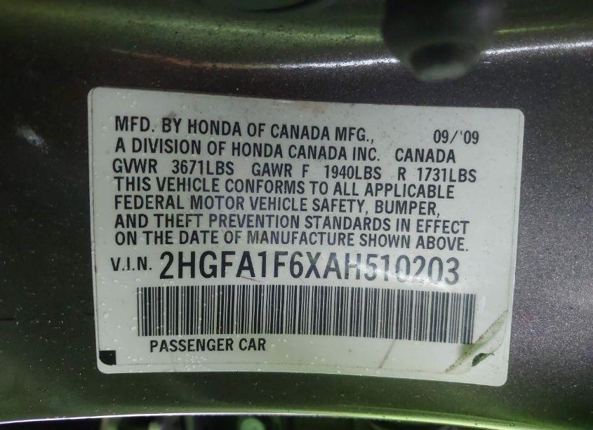 Photo 9 of 2010 Honda Civic LX-S (VIN 2HGFA1F6XAH510203)