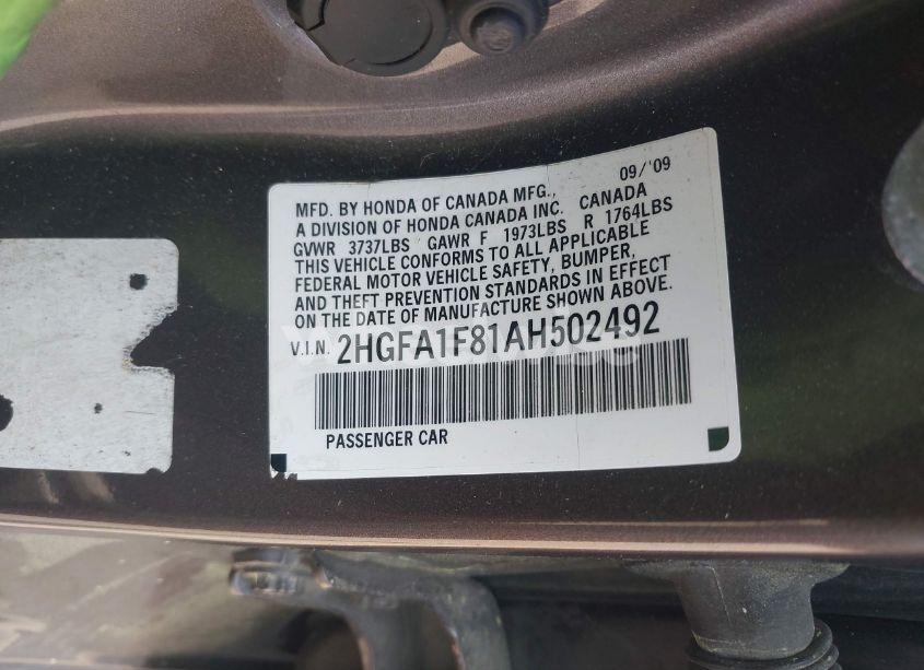 Photo 9 of 2010 Honda Civic EX (VIN 2HGFA1F81AH502492)