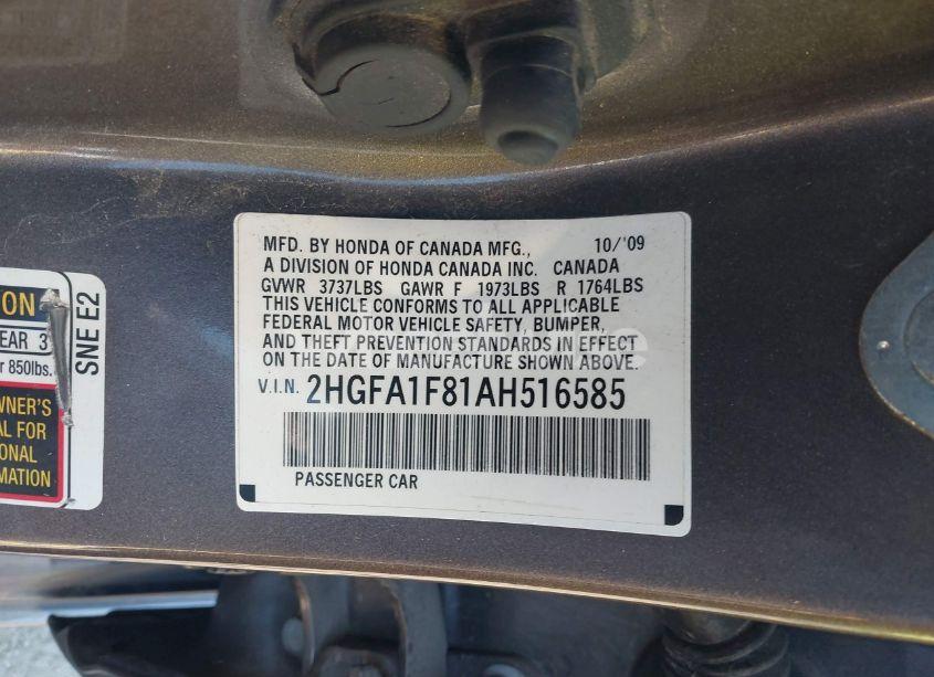 Photo 9 of 2010 Honda Civic EX (VIN 2HGFA1F81AH516585)