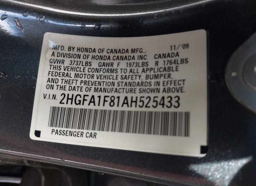 Photo 9 of 2010 Honda Civic EX (VIN 2HGFA1F81AH525433)