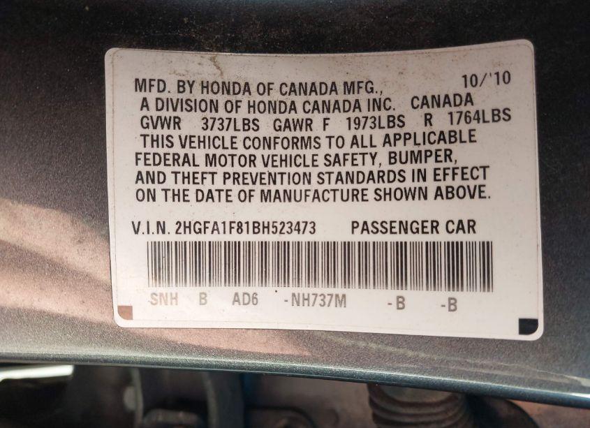 Photo 9 of 2011 Honda Civic EX (VIN 2HGFA1F81BH523473)