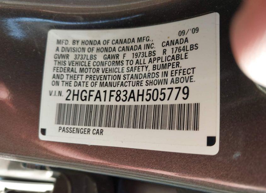 Photo 9 of 2010 Honda Civic EX (VIN 2HGFA1F83AH505779)