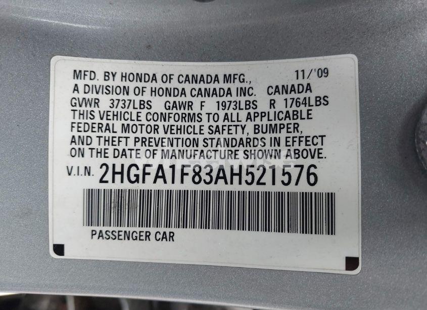 Photo 9 of 2010 Honda Civic EX (VIN 2HGFA1F83AH521576)