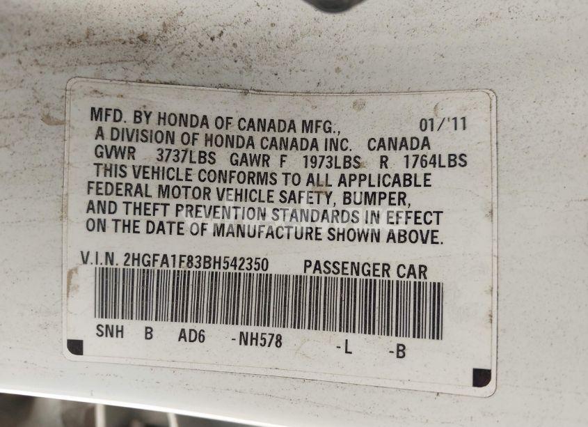 Photo 9 of 2011 Honda Civic EX (VIN 2HGFA1F83BH542350)