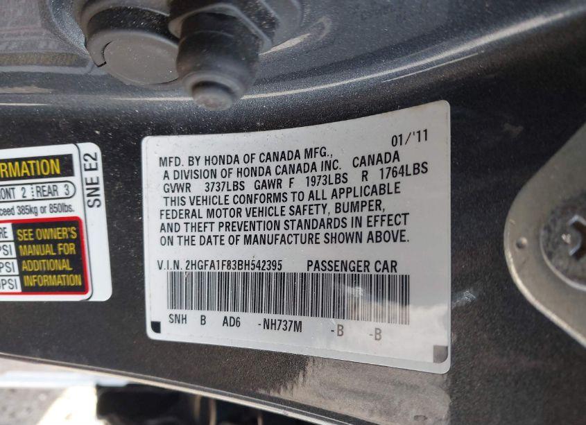 Photo 9 of 2011 Honda Civic EX (VIN 2HGFA1F83BH542395)