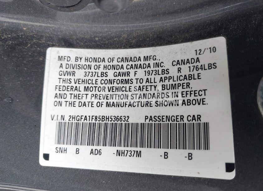 Photo 9 of 2011 Honda Civic EX (VIN 2HGFA1F85BH536632)