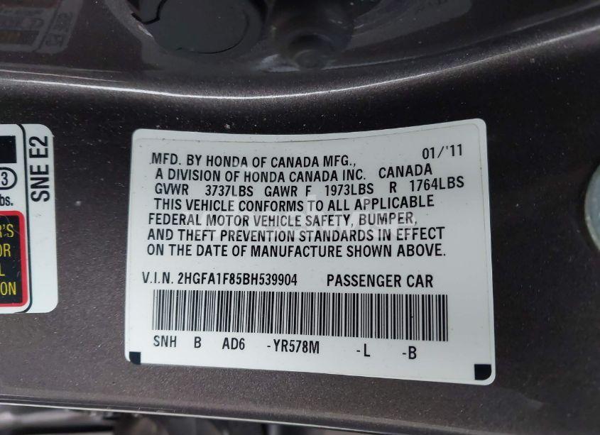 Photo 9 of 2011 Honda Civic EX (VIN 2HGFA1F85BH539904)