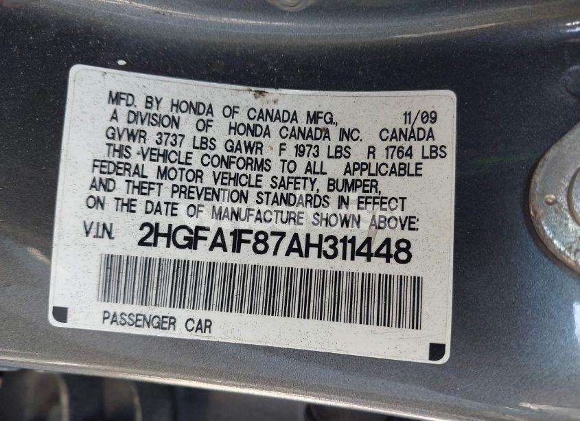 Photo 9 of 2010 Honda Civic EX (VIN 2HGFA1F87AH311448)