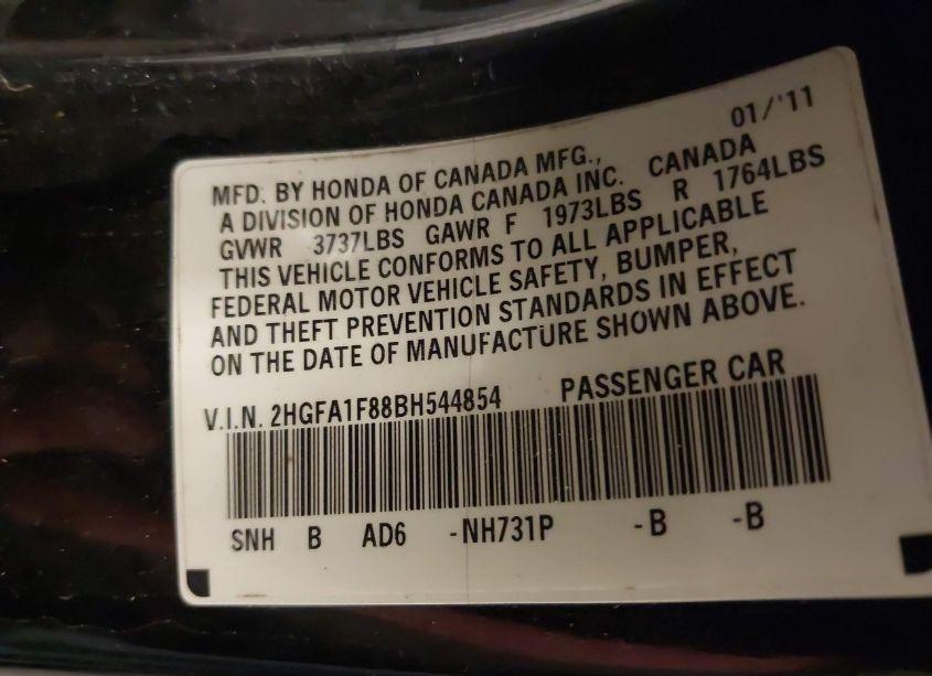 Photo 9 of 2011 Honda Civic EX (VIN 2HGFA1F88BH544854)