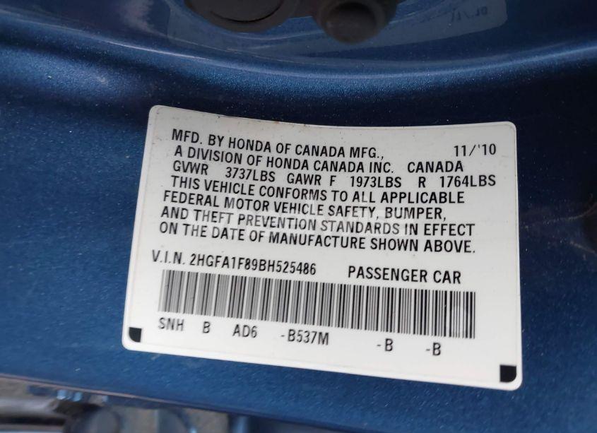 Photo 9 of 2011 Honda Civic EX (VIN 2HGFA1F89BH525486)