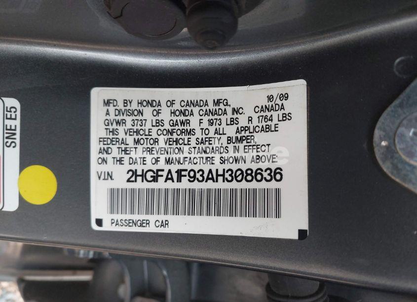 Photo 9 of 2010 Honda Civic EX-L (VIN 2HGFA1F93AH308636)